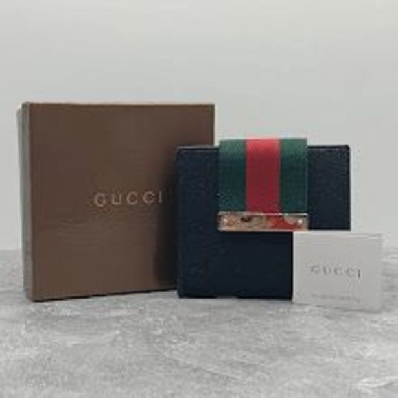 Gucci Black GG Monogram Canvas Green & Red Web Logo Compact Unisex Wallet W/ Box - Picture 1 of 16